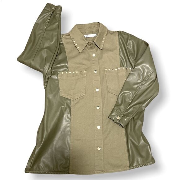 Zara Medium Khaki Green Faux Leather Contrast Studded Jacket - NWOT - Picture 6 of 12